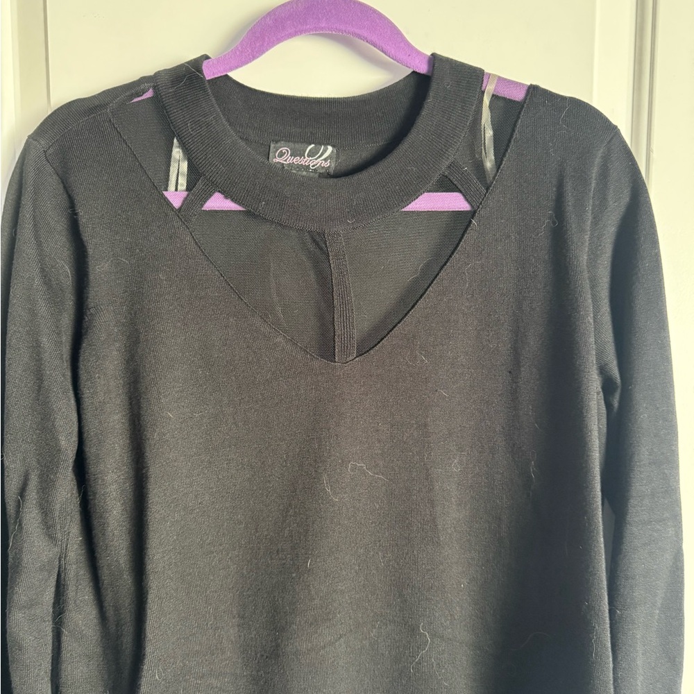 QUESTIONS, mesh neck, light knit, blk